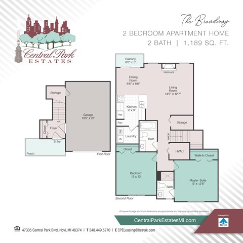 Floor plan for 2 beds, 2 baths, 1189 sqft